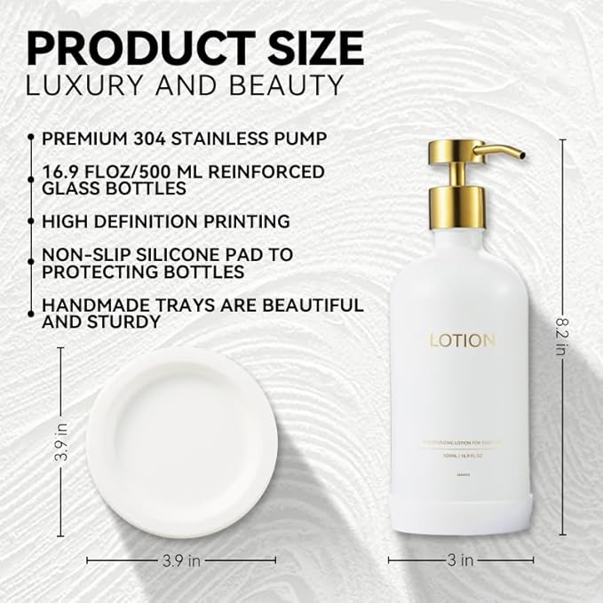 Glass Soap Dispenser Bathroom Set by Janxin, Foaming Kitchen soap Dispenser with Ceramic Tray for Dish Soap, Liquid Soap Dispenser for Hand Soap, Lotion, Body Wash (White+Gold)