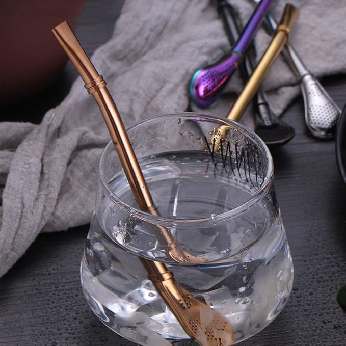 Stainless Steel Straw Filter Spoon, Yerba Mate Bombilla, Loose Leaf Tea Strainer, Tea Straw for Drinking Coffee, Cocktail, Pack of 5 with Cleaning Brush (5 colors)