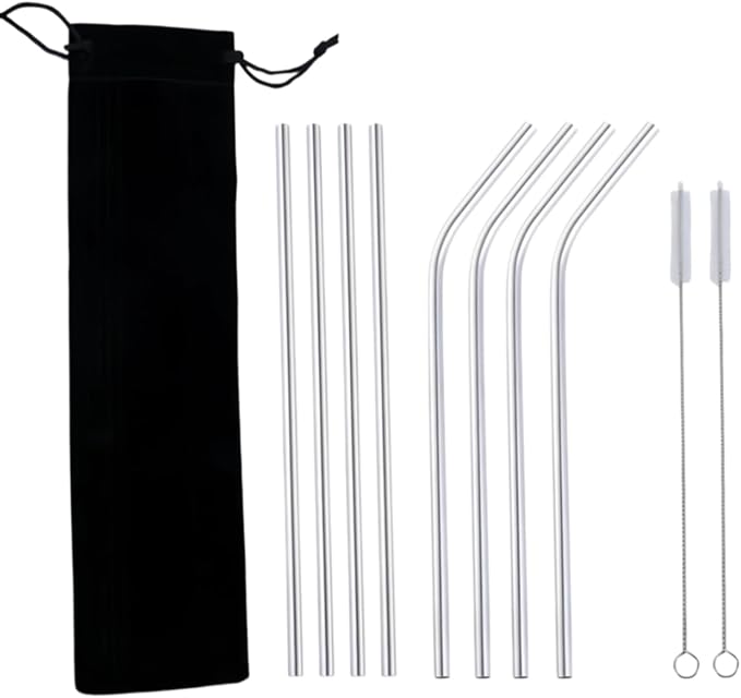 Heavy Duty 304 Stainless Steel Reusable Straw Set, 8 Pack Multi-Color Smoothie Straws with Travel Pouch & Cleaner, Dishwasher Safe Eco- (Silver-black bag,8pc)