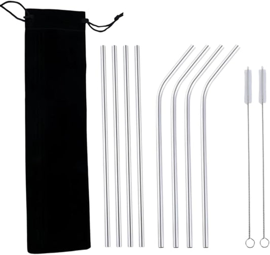 Heavy Duty 304 Stainless Steel Reusable Straw Set, 8 Pack Multi-Color Smoothie Straws with Travel Pouch & Cleaner, Dishwasher Safe Eco- (Silver-black bag,8pc)