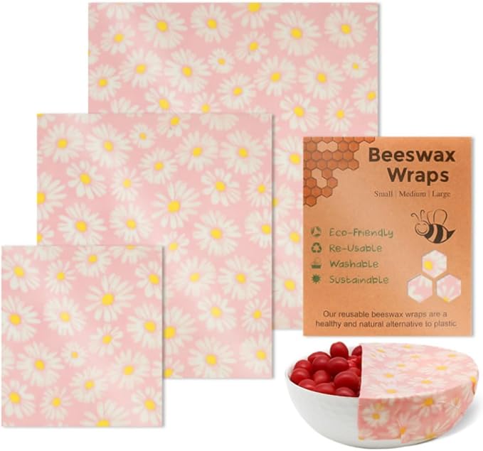 Pink Chrysanthemum Beeswax Fresh-Keeping Cloth for Food, Set Of 3 Organic Wax Wraps for Food Reusable Cut Beeswax Food Wraps