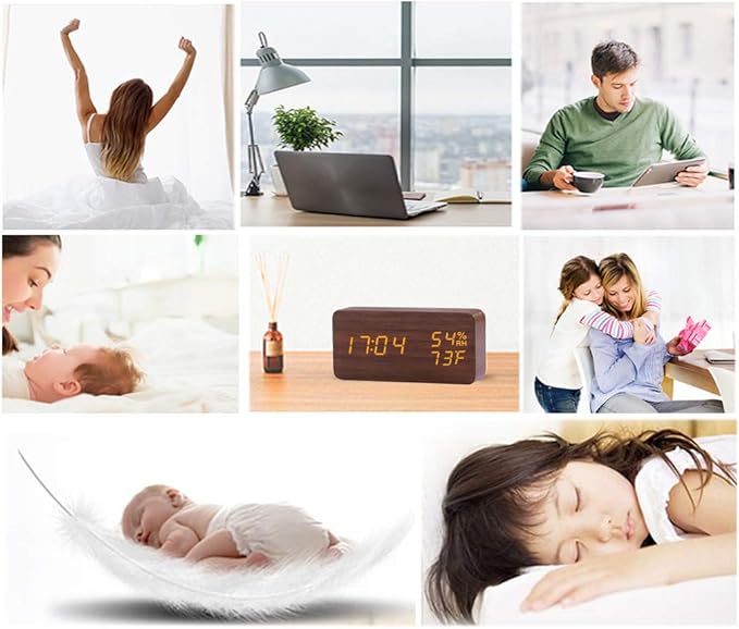 Alarm Clock for Bedside Modern Wood Digital Clock Snooze LED Desk Clock Display Time Temperature Humidity Brightness Adjustable for Home Kids Bedroom Office(Brown)
