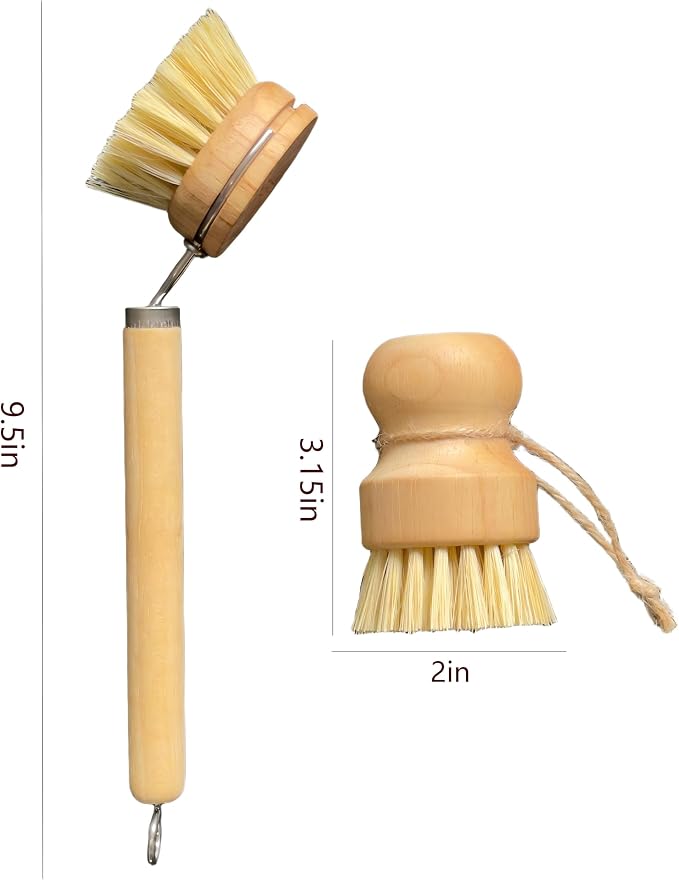 Natural Bamboo Dish Brush Set, 1 Long & 1 Short Handle Sisal Brushes with 4 Loofah Sponges, Non-Scratch Cleaning Brushes for Dishes, Pots, Cups, Vegetables & Sinks