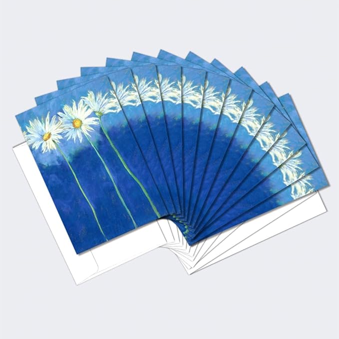 Tree-Free Greetings Daisies on Blue All Occasion Cards - 12 Recycled 4x6 Cards & White Envelopes, Thick Cardstock, Sustainably Made in USA - Nostalgic Summer Flowers