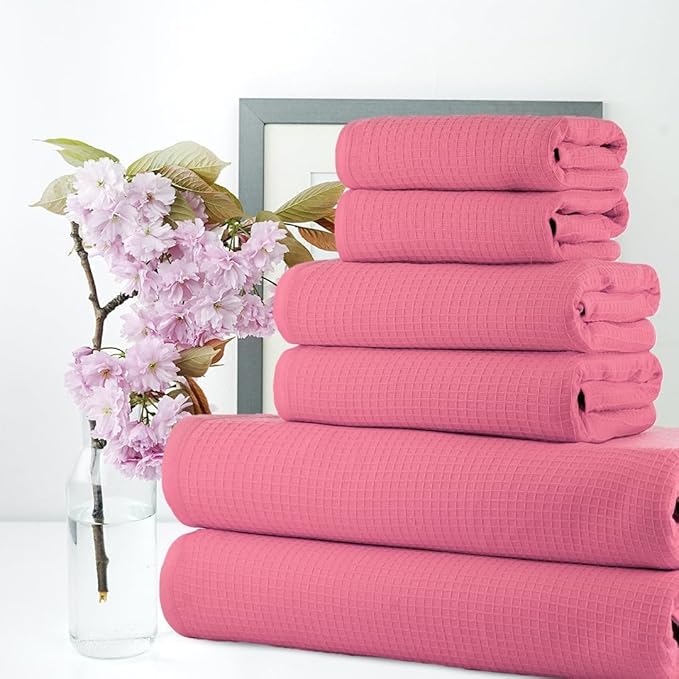 CASA COPENHAGEN Waffle 6Pcs 100% Egyptian Cotton Large Designer Towels Gift Set- Pink, 2Bath 2Hand 2Washcloths, Bath Towels for Bathroom (Box Pack, Set for Women & Men)