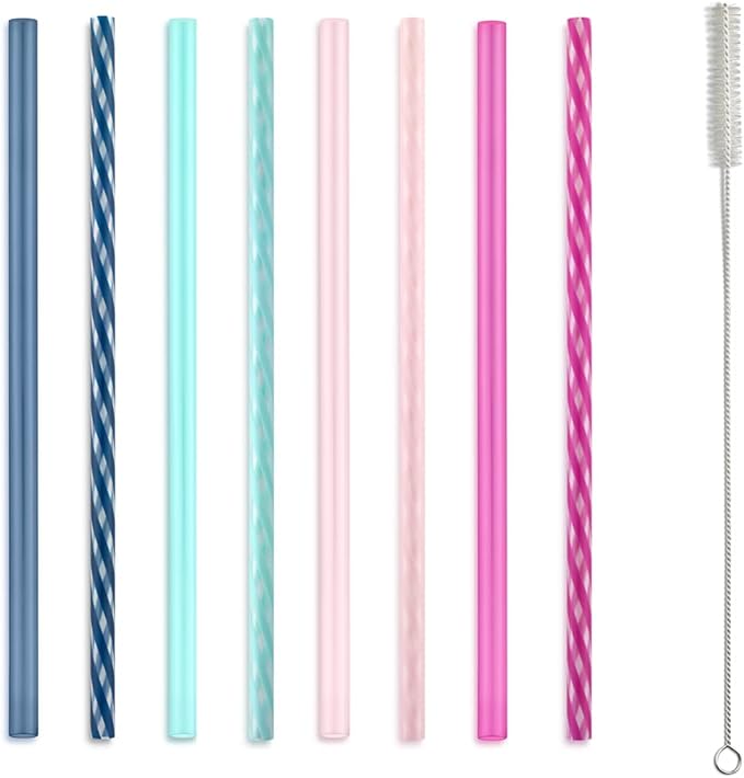 Ello Impact 8 Pack Reusable Plastic Straws, Dishwasher Safe, BPA-Free with Cleaning Brush,Rosewater