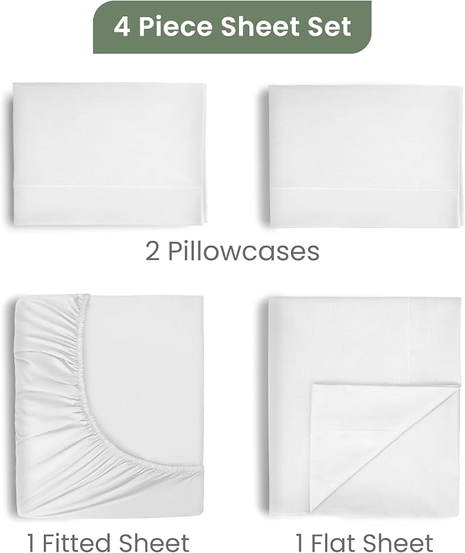 EcoPure Queen Size Sheet Set, White | 100% Organic Cotton, Comfort Washed, Cooling, Deep Pocket, GOTS Certified
