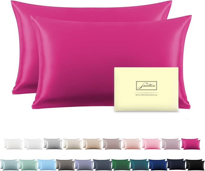 Silk Pillow Cases 2 Pack,Soft Breathable and Sliky Standard Size Pillow Cases Set of 2,Natural Mulberry Silk Pillowcase Set of 2 for Hair and Skin with Hidden Zipper (Hot Pink,20"X 26",2pcs)