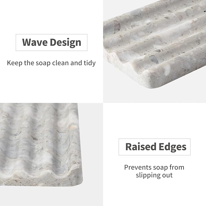 Karibiber Soap Holder for Bathroom, Grey Marble Soap Dish for Kitchen Countertop, Soap Tray with Creative Wavy Design, Soap Saver for Bath Tub, Sponges, Italian Natural Stone