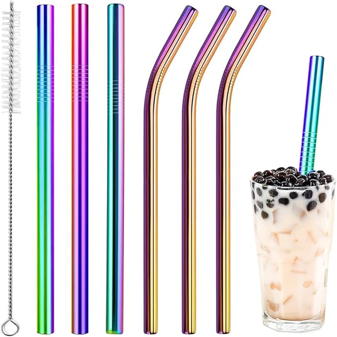 Vinaco Reusable Smoothie & Milkshake Straws, 0.5'' Wide Stainless Steel, 10.5'' & 8.5'' Long, 6 Pack with 1 Cleaner