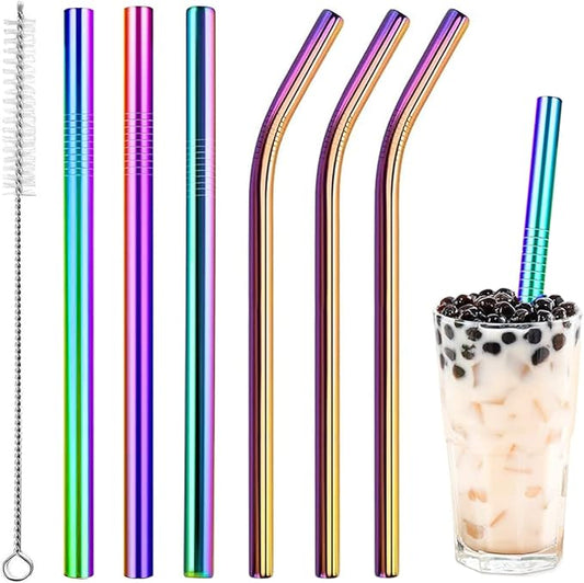 Vinaco Reusable Smoothie & Milkshake Straws, 0.5'' Wide Stainless Steel, 10.5'' & 8.5'' Long, 6 Pack with 1 Cleaner