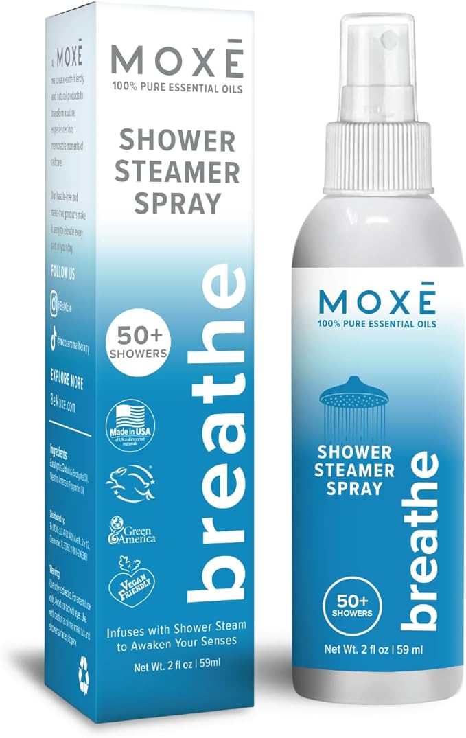 MOXĒ Shower Steamer Spray Breathe Essential Oil Shower Spray – Relaxing Aromatherapy Mist for Home Spa Experience – Pure Plant Based Fragrance for Daily Routine – 1 Pack, 2oz