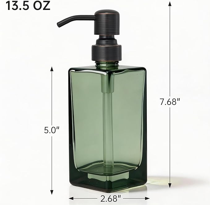13.5 Oz Green Glass Soap Dispenser with Rust Proof Stainless Steel Pump, Antique Design Refillable Square Lotion Dispenser for Bathroom, Premium Kitchen Hand Soap (Oil Rubbed Bronze)