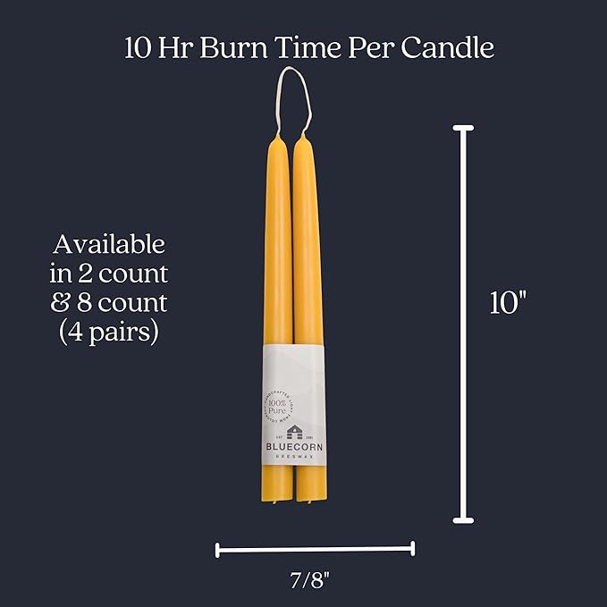 Bluecorn Beeswax Taper Candles, 100% Pure Natural Bees Wax, Pair of 10 Inch Yellow Tapered Candlesticks, Clean Burning & Dripless, Fragrance Free, Long Lasting, Home Decor, American Made, 1 Count