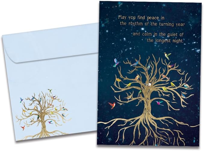 Tree-Free Greetings Bird Tree of Life Solstice Cards - 10 Recycled 5x7 Cards & Matching Envelopes, Thick Cardstock, Made in USA - Golden Growing Tree