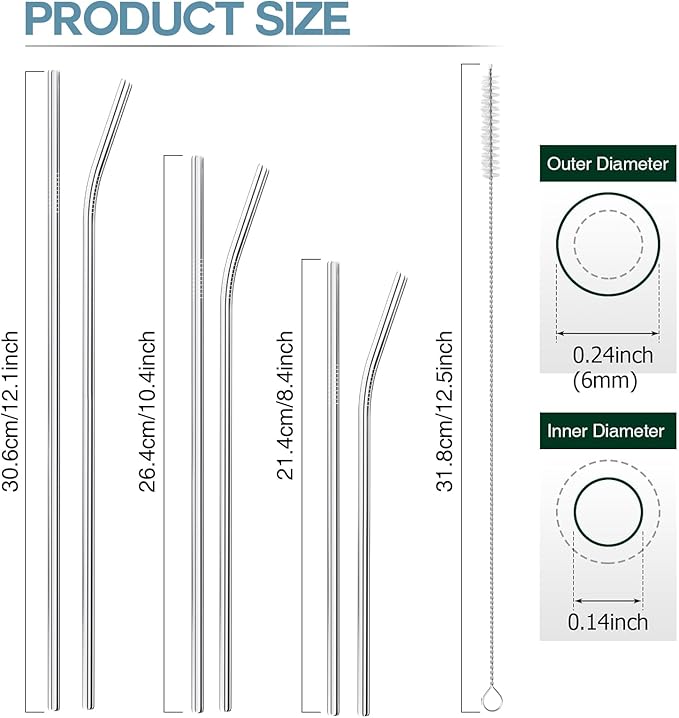 Dsmile Set of 12 Reusable Stainless Steel Straws,0.24'' wide 3 Size - 12.2''10.5''8.5''Long Reusable Straw Chocolate Milk Straws with 2 Cleaning Brush for 10/20/30/40 oz