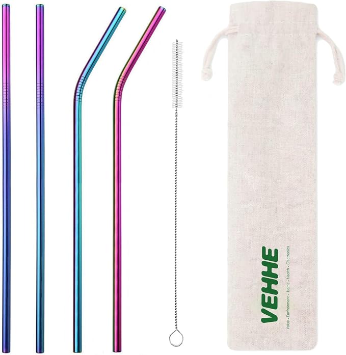 VEHHE Metal Straw Stainless Steel Straws Drinking Reusable Straws 4 Set -10.5" Ultra Long Rainbow Color-Cleaning Brush for 20/30 Oz for Yeti RTIC SIC Ozark Trail Tumblers (2 Straight|2 Bent|1 Brush)