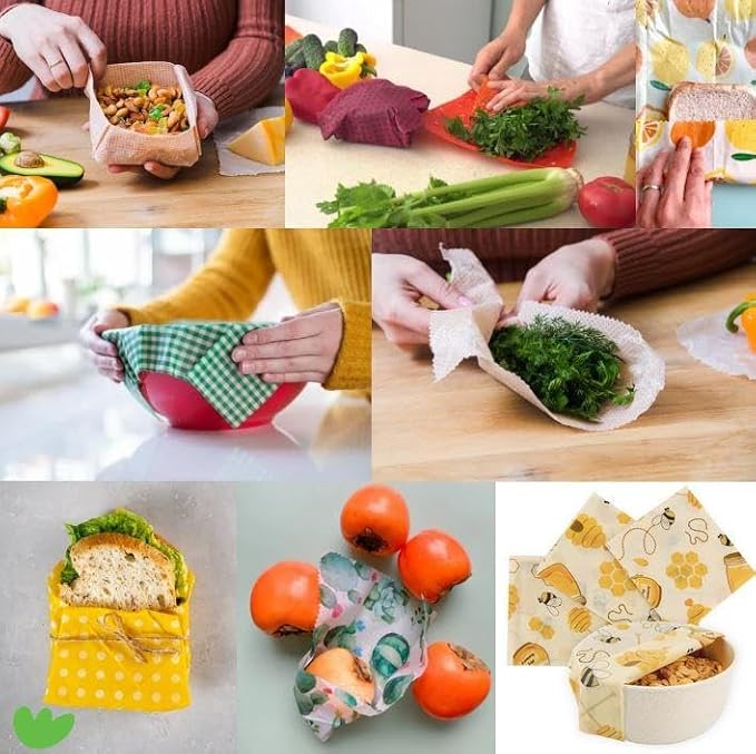 EKOH Reusable Beeswax Foodwraps (3 pk) Retro Bee Print - Bees Wax Wrap for Food - Eco Friendly Bee Wraps - Reusable Sandwich Wrap - Sustainable Organic Cotton Wraps (3 Honey Bee prints)
