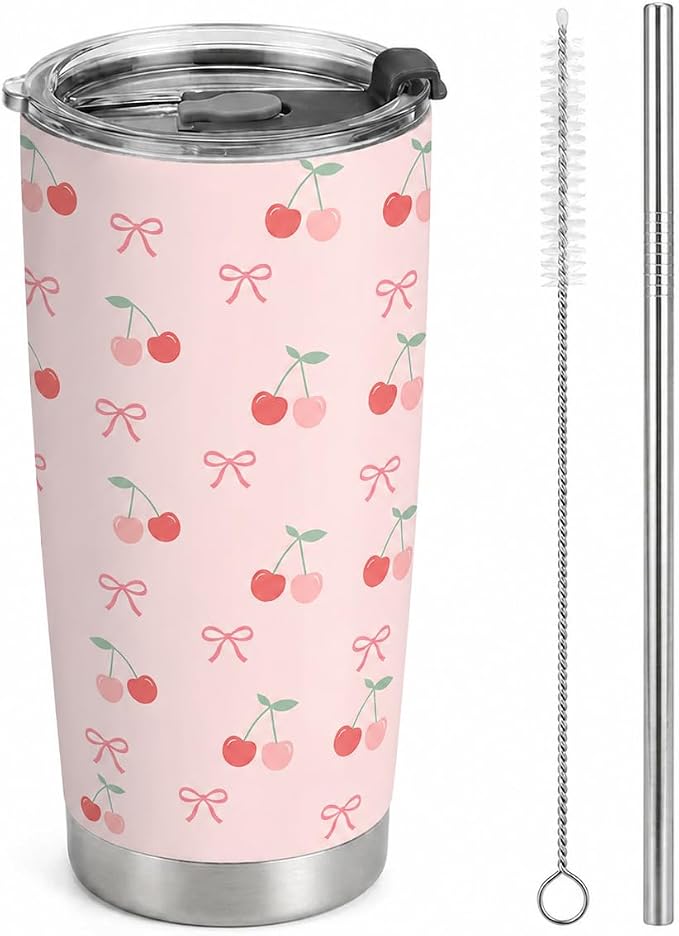 Gift for Women Girls, Bow & Cherry Stainless Steel Insulated Tumbler, Pink Travel Coffee Mug, Water Bottle with Straw, Gifts for Birthday Christmas Thanksgiving, 20oz