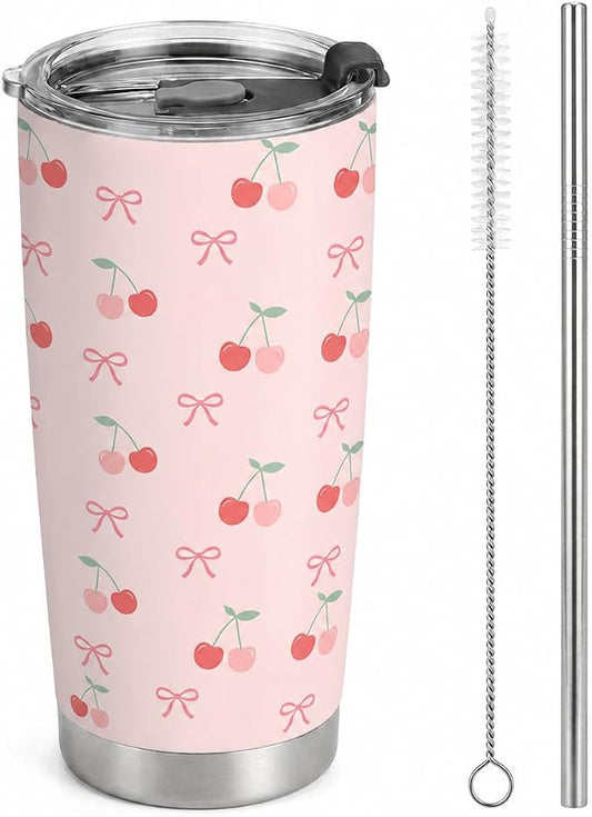 Gift for Women Girls, Bow & Cherry Stainless Steel Insulated Tumbler, Pink Travel Coffee Mug, Water Bottle with Straw, Gifts for Birthday Christmas Thanksgiving, 20oz