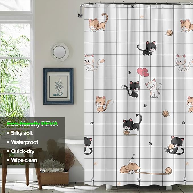 Plastic Shower Liner - Premium PEVA 4G Shower Curtain Liner with Rustproof Grommets and 3 Weighted Magnets, Waterproof Shower Curtains for Bathroom (Little Cat, 72" x 78")