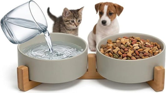 Elevated Ceramic Pet Bowls – Double Raised Food and Water Bowls for Dogs and Cats with Bamboo Stand, Gray Modern Non-Slip Dishwasher Safe Feeder Station