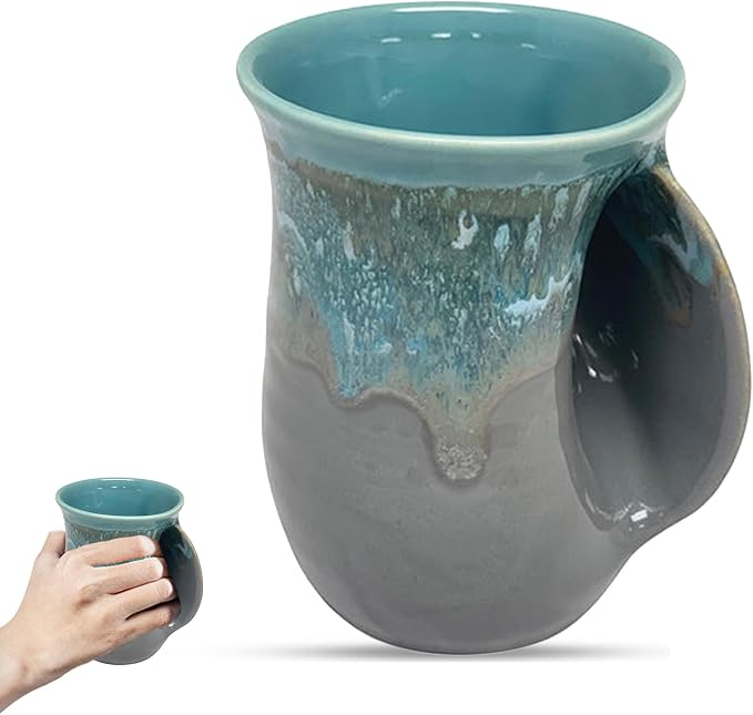 Clay in Motion Hand Warmer Coffee Mug – Handmade Coffee Mug With Comfortable Handle Contoured Pocket Hand Warming Ceramic Coffee Mug – Proudly Made in USA – Right Handed – 14 Oz - Riverstone