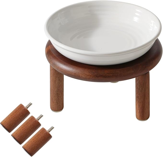 Havniva Elevated Cat Bowls Raised Ceramic Cat Bowl, 5.7” Wide Opening Cat Food Bowl Whisker Friendly Cat Dish Anti-Slip with Wood Stand, Shallow Pet Food & Water Bowl for Indoor Cats