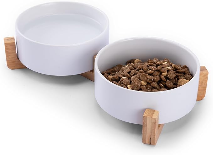 MateeyLife Ceramic Dog and Cat Bowls with Stand, 2-Pack Food and Water Bowl Set - Non-Slip Pet Bowls for Small & Medium Size Dogs，28.7OZ(White)