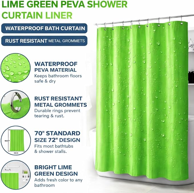 Lime Green PEVA Shower Curtain Liner 70x72 | Waterproof, Rust Resistant Metal Grommets