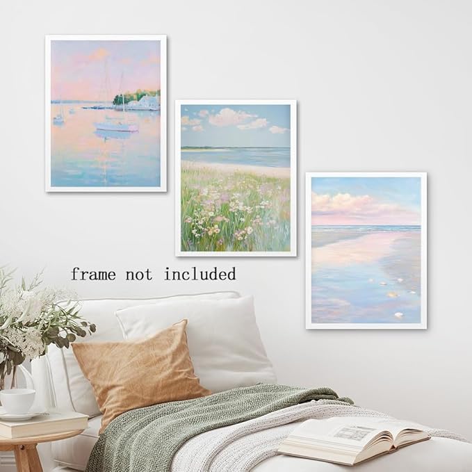 HUYKON Coastal Pink Wall Art Set of 3 Maximalist Ocean & Beach Landscape Canvas Poster Trendy Sailboats Flowers Sunset Painting Pastel Picture Prints for Bedroom Home Decor 12x18inch Unframed