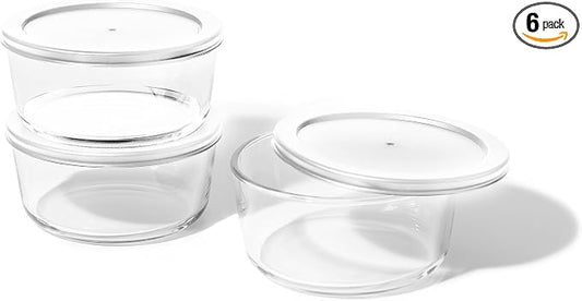 6-Piece Glass Food Storage Containers Set (3 Containers + 3 BPA-Free Lids) | 4-Cup, Leakproof | Microwave, Freezer, Oven & Dishwasher Safe | Ideal for Meal Prep & Pantry Organization, White