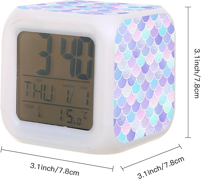 Digital Alarm Clock,Mermaid Tail Pattern 7 Color Change LED Digital Alarm Clock with Date Thermometer for Toddlers,Girls and Boys