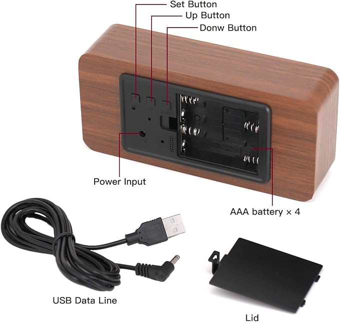 Digital Alarm Clock, LED Adjustable Brightness Voice Control Desk Wooden Alarm Clock with Day/Date/Temperature and Humidity USB/Battery Powered for School Home Office Kids