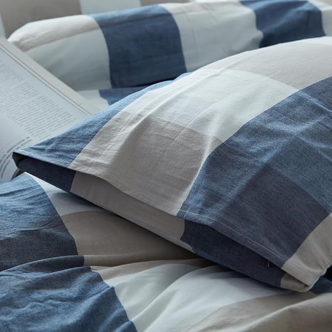FACE TWO FACE Bedding Duvet Cover Set100% Washed Cotton Duvet Cover Linen Like Textured Breathable Durable Soft Comfy (Twin, Blue and White Grid)