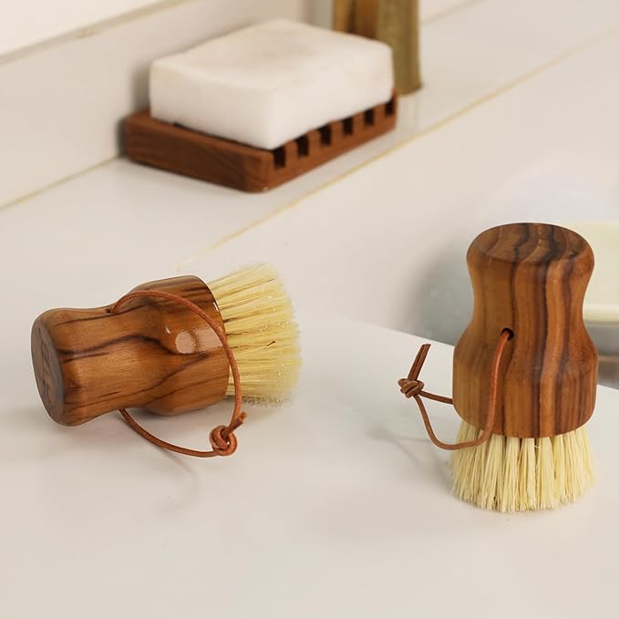 Teak Dish Scrub Brush 2PCS by HTB, Good Grip Small Wooden Dish Brush with Teak Handle & Sisal Bristles for Kitchen, Wood Cleaning Scrubbers Set for Washing Pan/Pot/Vegetable/Fruit