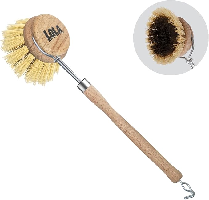 LOLA - The Original- Pot & Pan Brush, Heavy Duty Brass Wire & Tampico Bristles, Handle Made from Sustainable Birch Wood for Cleaning, 1 Count