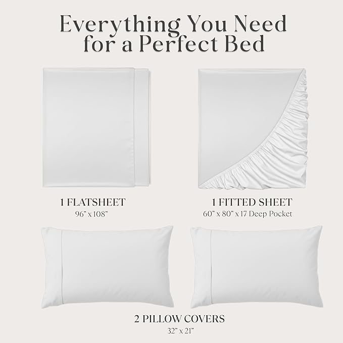 Delilah Home 100% Organic Cotton Queen Flat Sheet Set, GOTS & Vegan.org Verified, Long Stem 300 TC Sateen Bedding, Non-Synthetic, Deep Pocket Fitted Linen, Lightweight, All-Season, 4 Piece Set - White