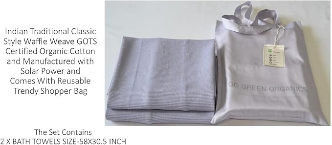 Waffle Bath Towel Pack of 2, 30.5x58 INCHES, 100% Organic Cotton, GOTS Certified (LANGUID Lavender) Super ABSORBANT & Quick Dry, NO SOFTENERS, Environment Friendly
