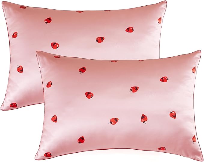 THXSILK Set of 2 Natural Mulberry Silk Pillowcase for Hair and Skin with Hidden Zipper, Grade 6A+ Silk Pillow Case, Organic Silk Pillowcase Standard Size 20x26 inches, Pink Strawberry