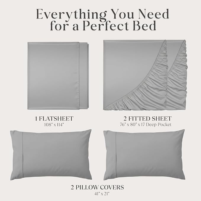 Delilah Home 100% Organic Cotton Split King Bed Sheet set, GOTS & Vegan.org Verified, Long Stem 300 TC Sateen Bedding, Non-Synthetic, Deep Pocket Fitted Linen, Lightweight, All-Season, 4 Pieces - Grey