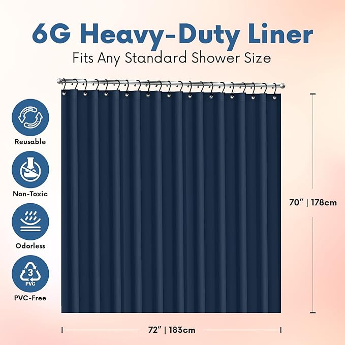 No Smell Shower Curtain Liner 72x72 Navy - PEVA Plastic Shower Curtain for Bathroom, PVC-Free Waterproof Navy Blue Shower Liner with Metal Grommets and Magnet-Weighted Bottom Hem - Washable Liner