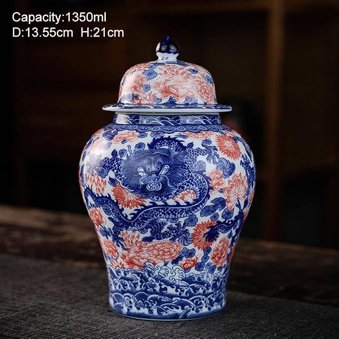Porcelain Airtight Canister 45 Oz/1350ml, Blue White with Red Glazed Ceramic Large Food Storage Jar, Home Décor,Room Office Decoration -Dragon