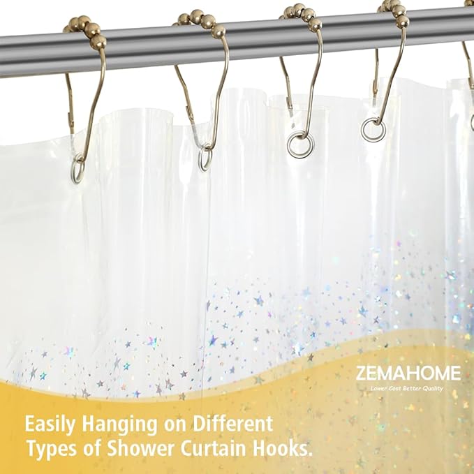 ZEMAHOME Holographic Thin 3D EVA Shower Curtain Liner Glitter Star, 72x72 Premium Light Weight Clear Plastic Bathroom Shower Curtain with Rustproof Metal Grommets for Shower Stall, Bathtubs(No Hooks)
