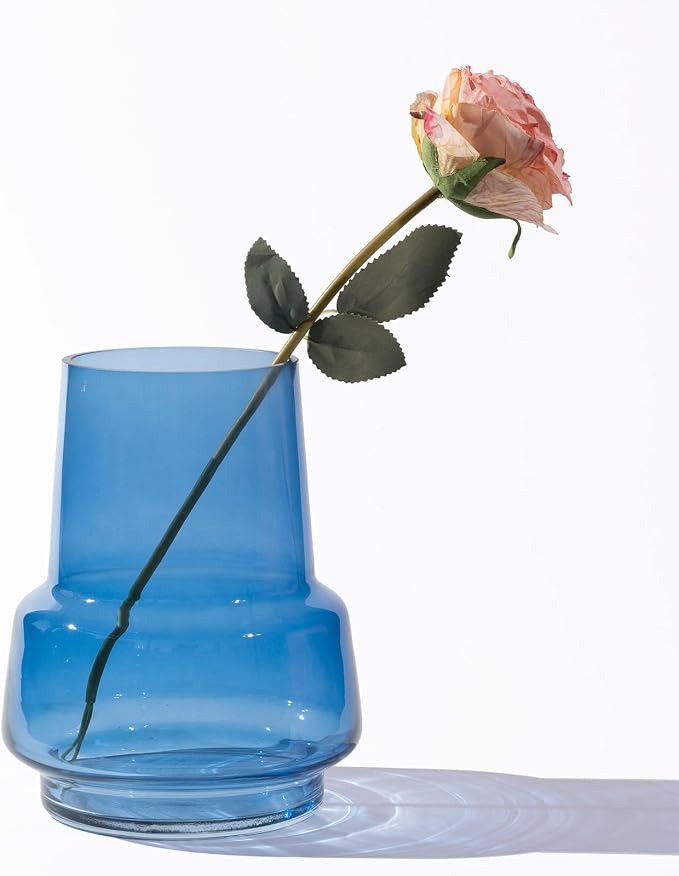 Relexome Blue Glass Flower Vase for Centerpieces Bouquet Flowers Modern Wide Mouth Glass Vase Decorative Bud Vases for Home Decor, Living Room, Kitchen, Dining Table, Entryway 7.3 Inch