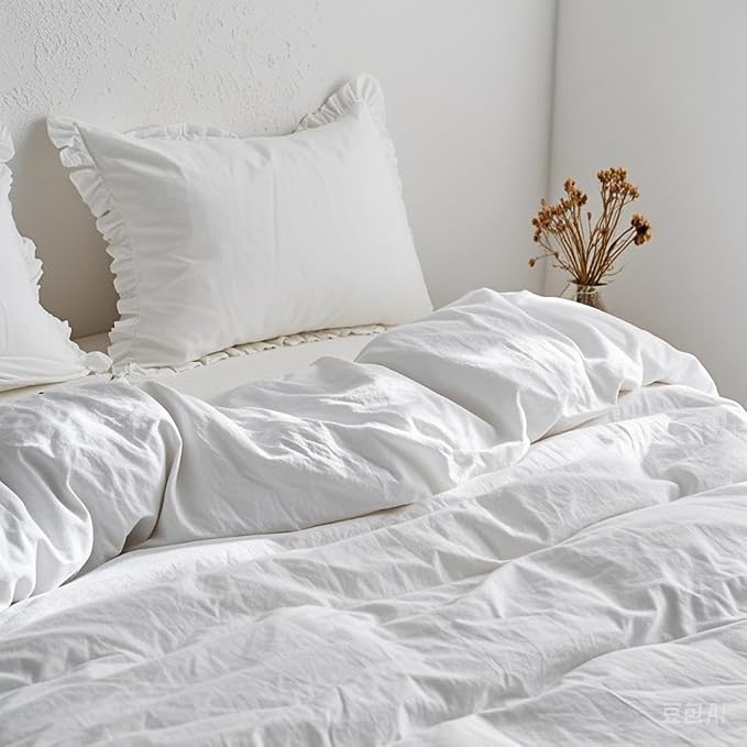 Simple&Opulence 100% Linen Duvet Cover Set, 3 PCS Natural French Flax White Ruffle Duvet Cover Full Size, Breathable Comfy Linen Bedding Comforter Cover with 2 Pillowcases (White, 78" X 86")