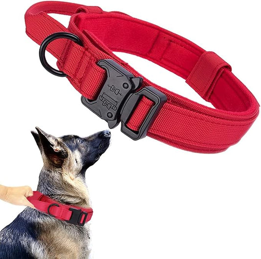 Tactical Dog Collar Adjustable Military Nylon Dog Collar with Control Handle and Heavy Duty Metal Buckle for Medium and Large Dogs (Red,M)