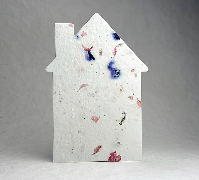 Of The Earth Handmade Paper - Wildflower Seed Paper House Shaped Cards - w/Seeds & Petals - 5" x 7" - Set of 8 - Guides & Envelopes Included (56s Pink & Purple Petal)