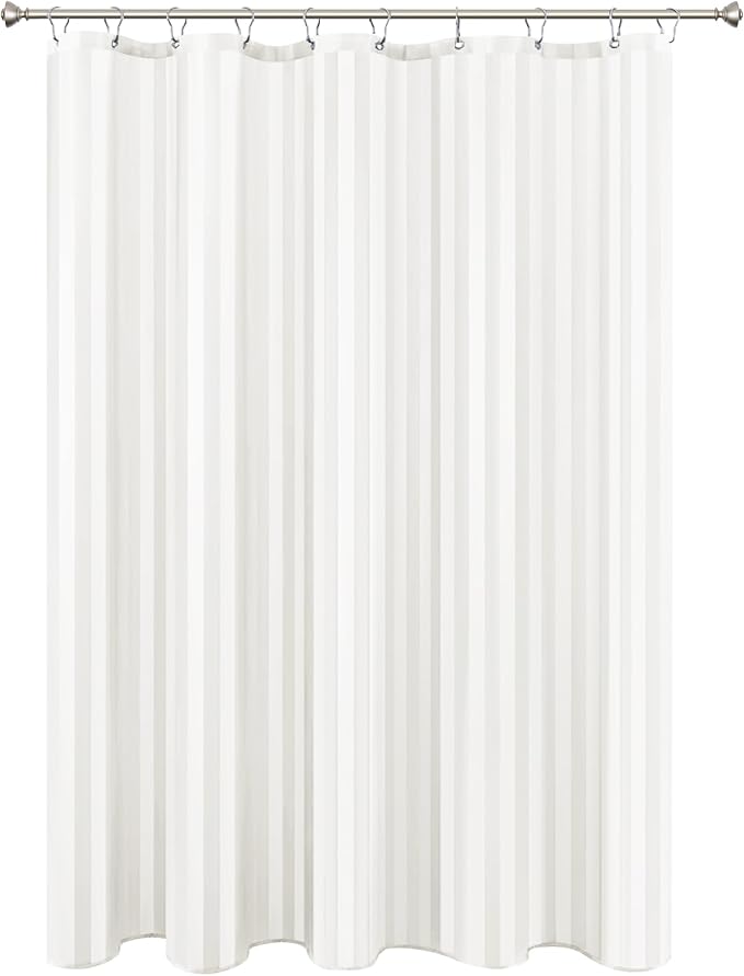 Biscaynebay Fabric Shower Curtain or Liner 72" by 72", Ivory Water Repellent Damask Stripes Bathroom Curtains Machine Washable