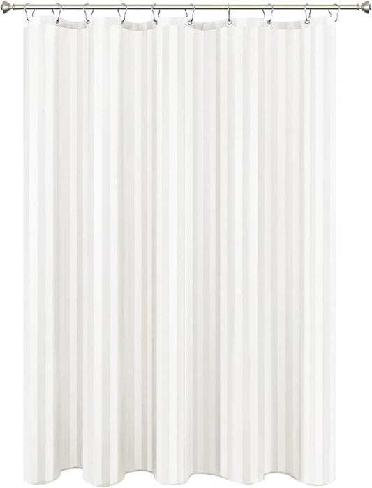 Biscaynebay Fabric Shower Curtain or Liner 72" by 72", Ivory Water Repellent Damask Stripes Bathroom Curtains Machine Washable